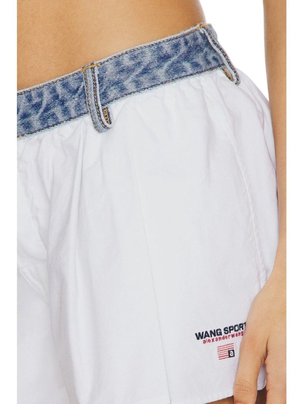 Alexander Wang Denim Waistband Shorts in Oxford Blue White 2 Womens - Picture 2 of 11